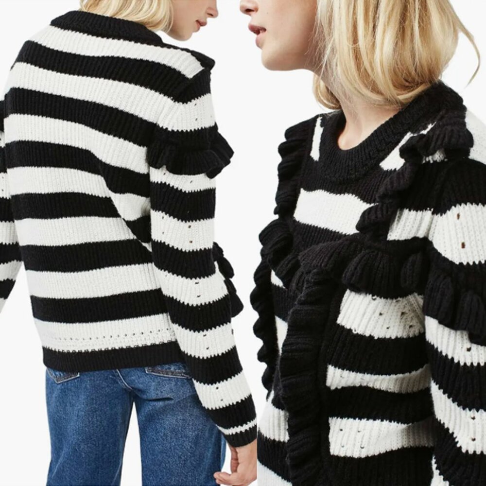 Topshop Humbug Ruffle Striped Knit Sweater Size 8 Black White Romantic Parisian - Picture 2 of 15